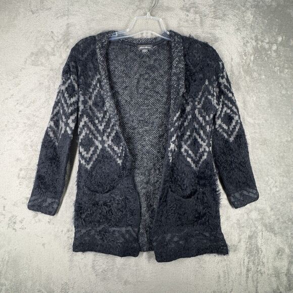 Eddie Bauer Sweater Women Small Gray Geometric Open Cardigan Neutral Minimalist - Picture 2 of 9